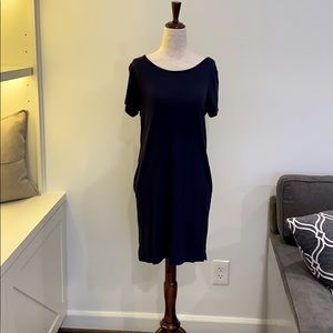 Navy blue stretchy casual dress with pockets